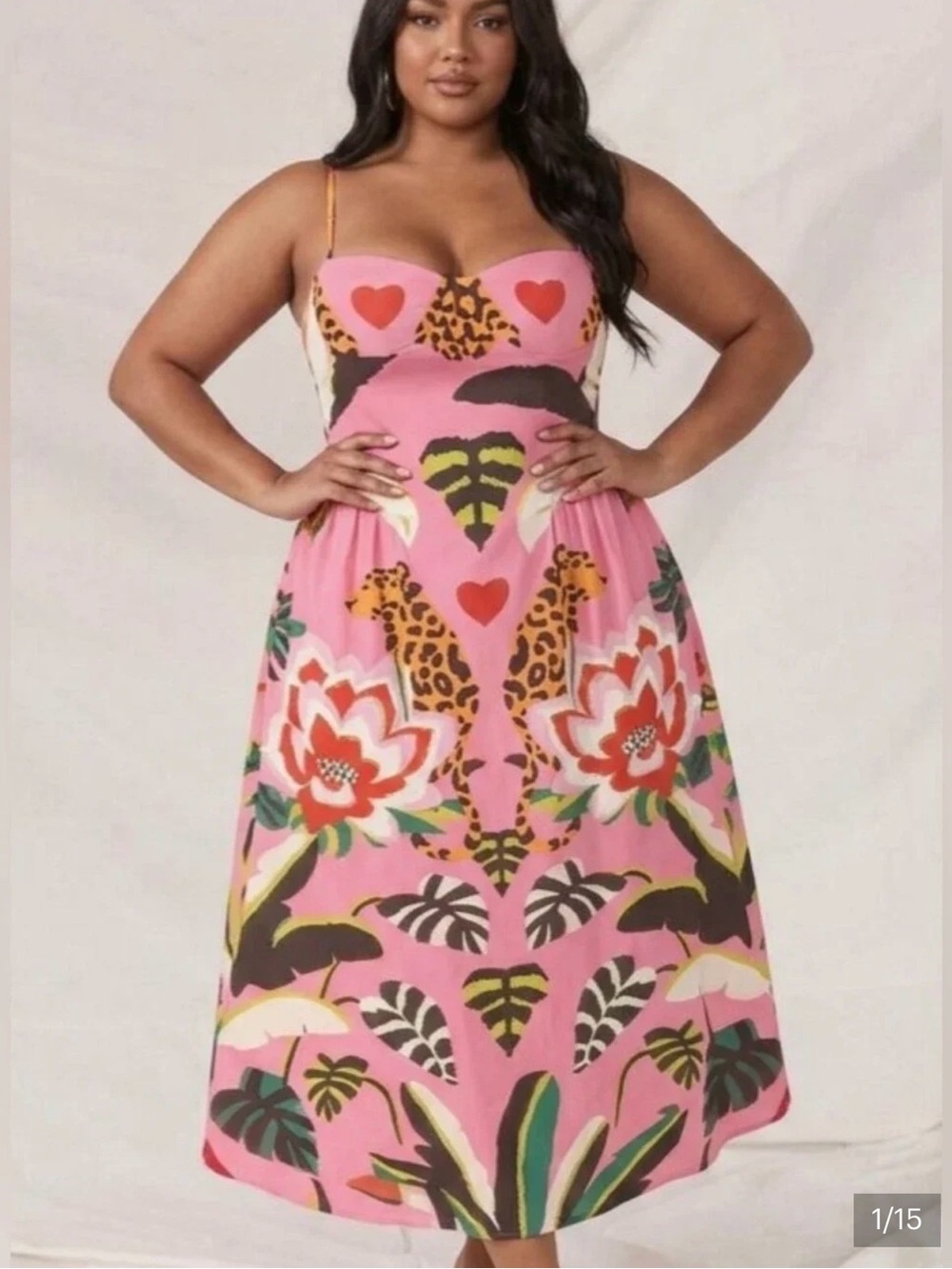 VIRAL Nice to Meet You Pink Floral Print Spaghetti Strap Hear Midi Dress XL